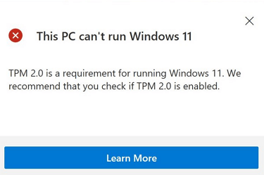 Running Windows 11 Error Screenshot