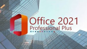Office 2021 Professional Plus logo with modern skyscrapers in the background
