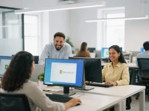 Small business team using Microsoft Office 2021 on laptops and desktops in a modern office.