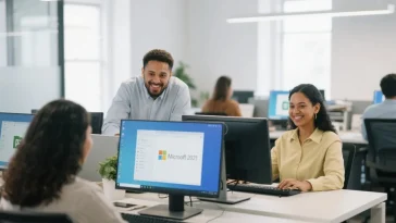 Small business team using Microsoft Office 2021 on laptops and desktops in a modern office.
