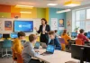Students and teachers using Windows 11 in a modern educational setting.