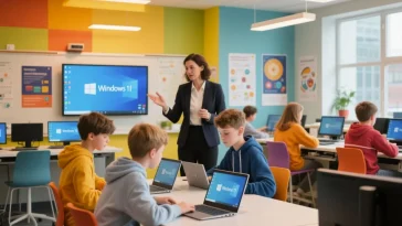 Students and teachers using Windows 11 in a modern educational setting.