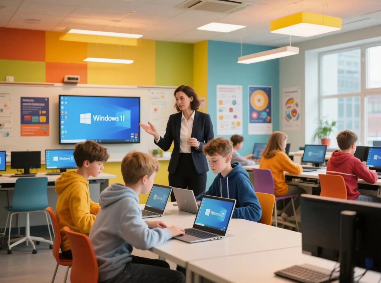 Students and teachers using Windows 11 in a modern educational setting.