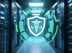 Windows Server 2022 protecting healthcare data in a secure data center.