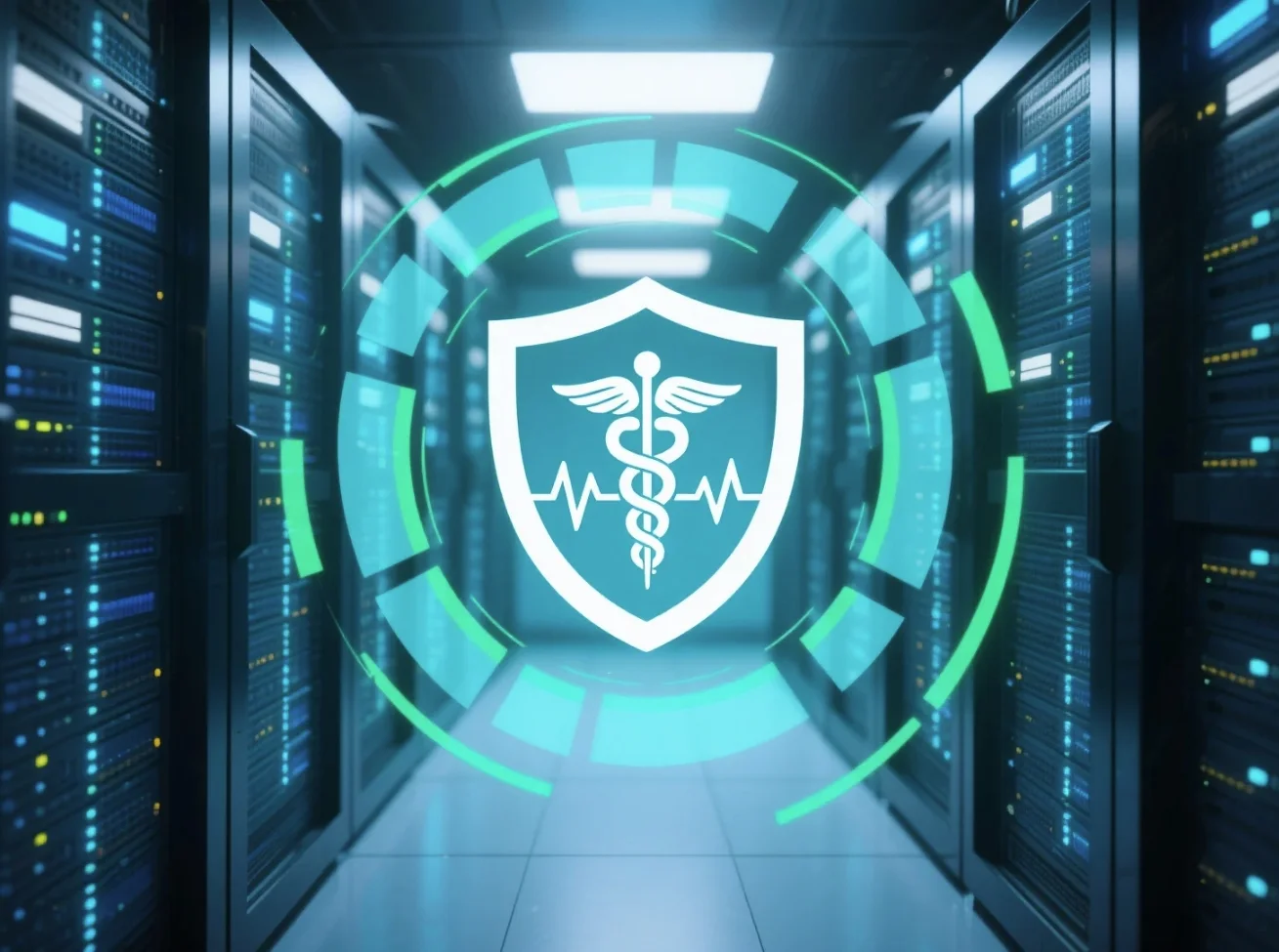 Windows Server 2022 protecting healthcare data in a secure data center.