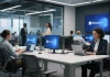 Business professionals working efficiently with Windows 11 in a modern office.
