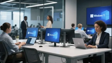 Business professionals working efficiently with Windows 11 in a modern office.