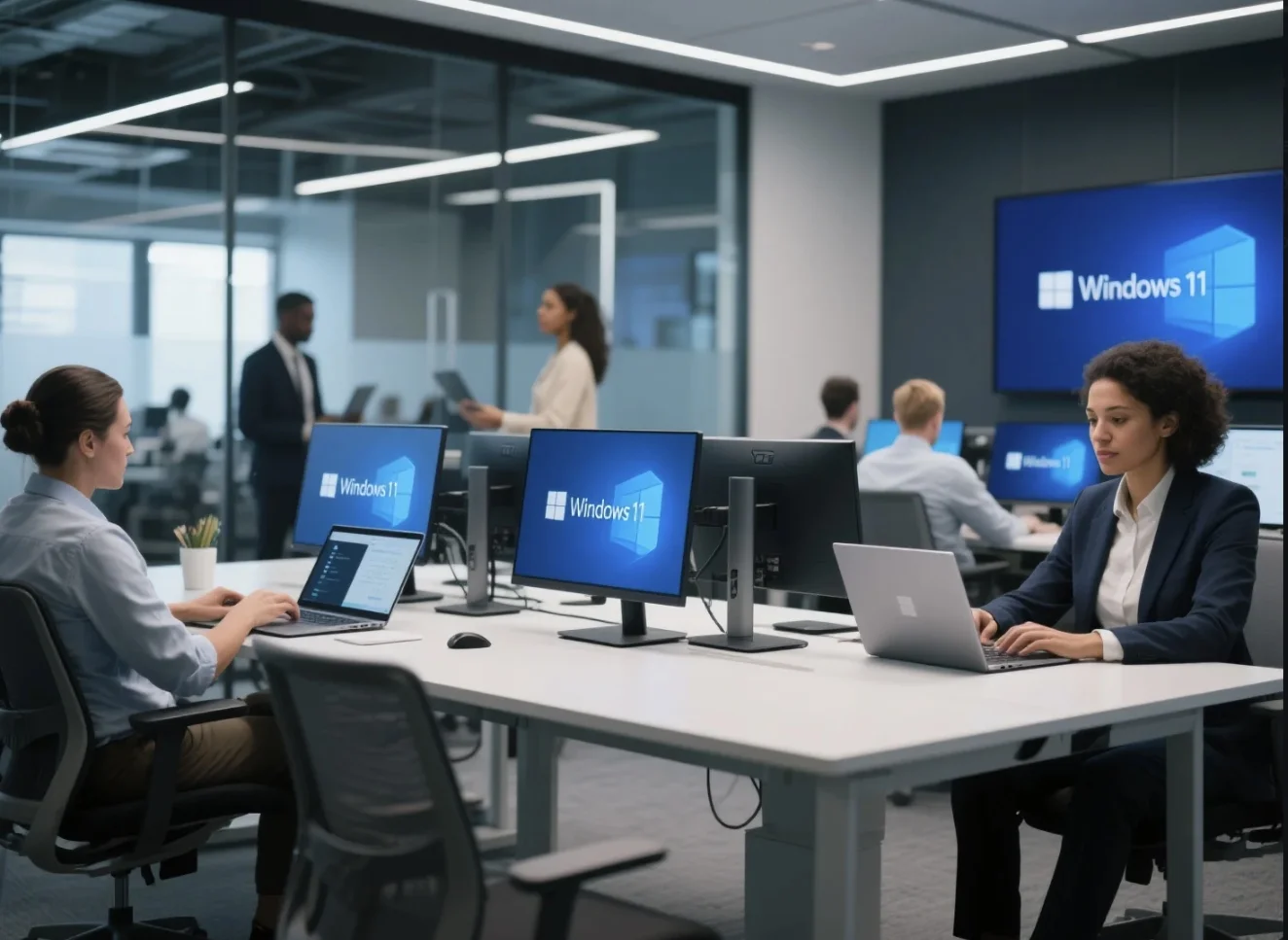 Business professionals working efficiently with Windows 11 in a modern office.